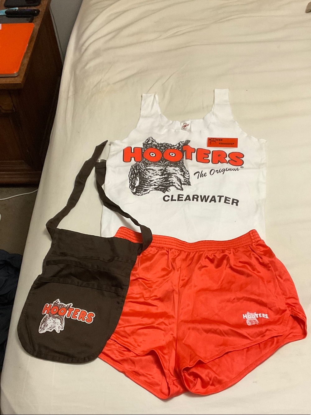 Hooters White Logo Tank Large with Orange Swim Shorts Medium Brown Crossbody Bag